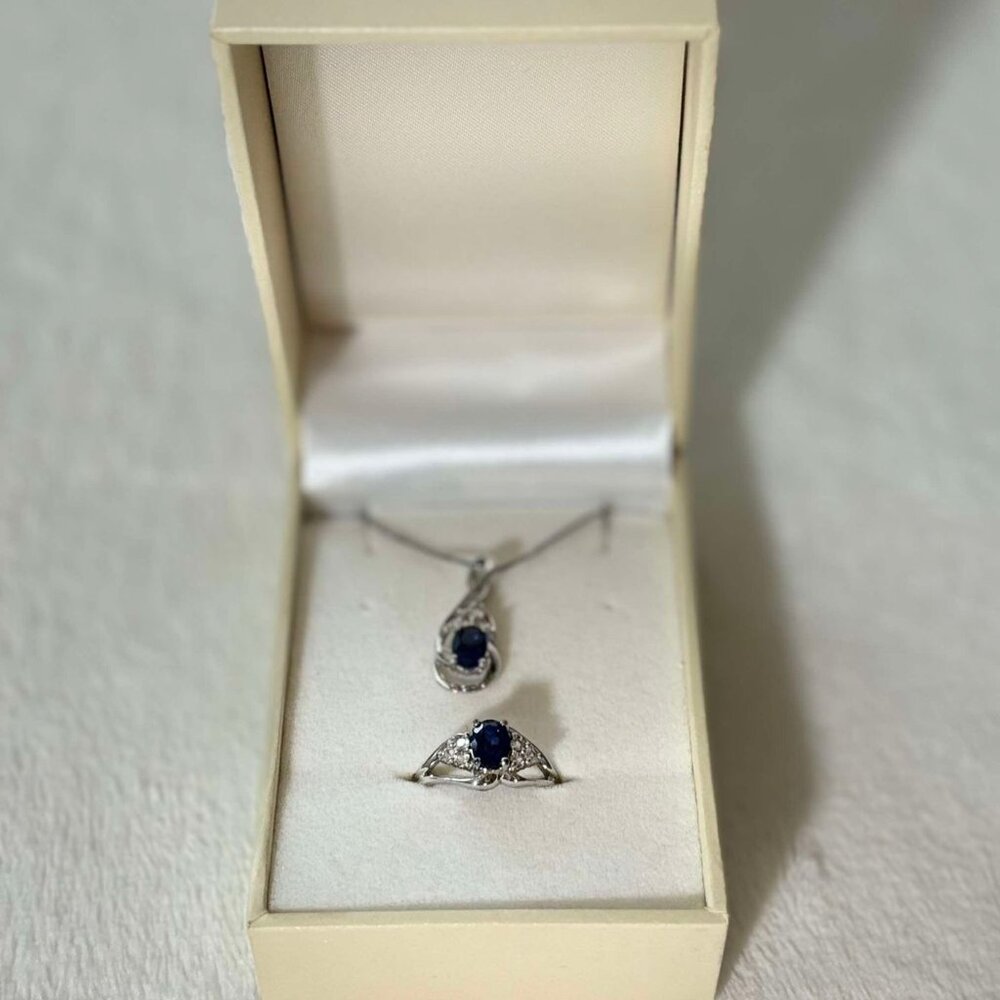 Blue Zirconia Oval Cut with 3 White Zircon Accents each side of Ring/Necklace